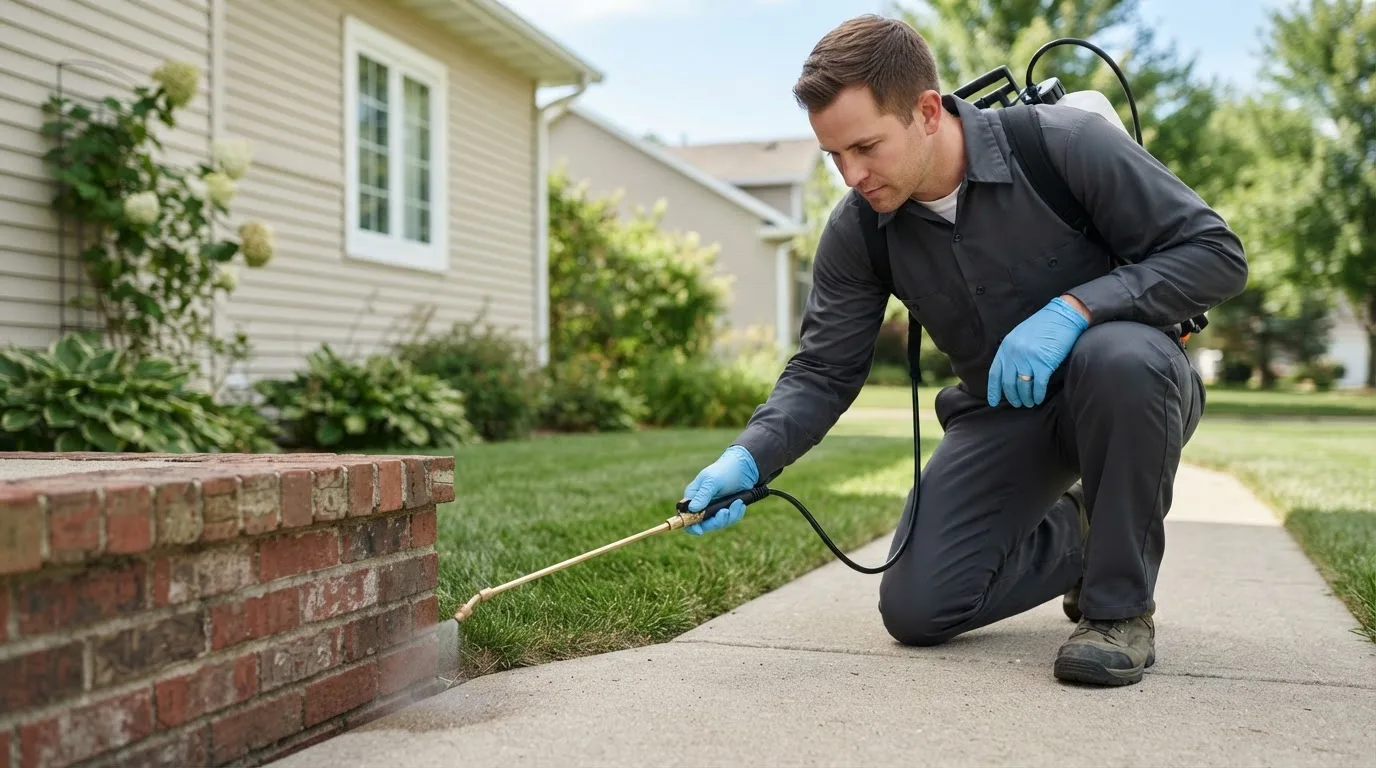 Pest control technician treating a home near Grand Haven, MI