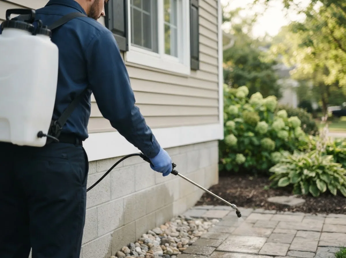 Pest control technician inspecting a home in Grand Haven, MI